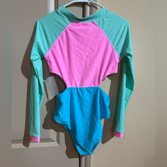 Colorblock Pink Turquoise Blue Green One Piece Swimsuit - Picture 8 of 10